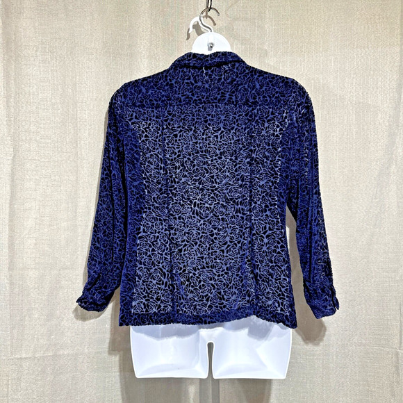 Merona Burnout Top Womens Large Blue Roses Mother of‎ Pearl Buttons Sheer Silk - Picture 7 of 8